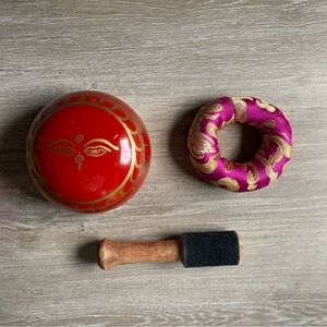 Small Red Brass Singing Bowl with stand and wand
